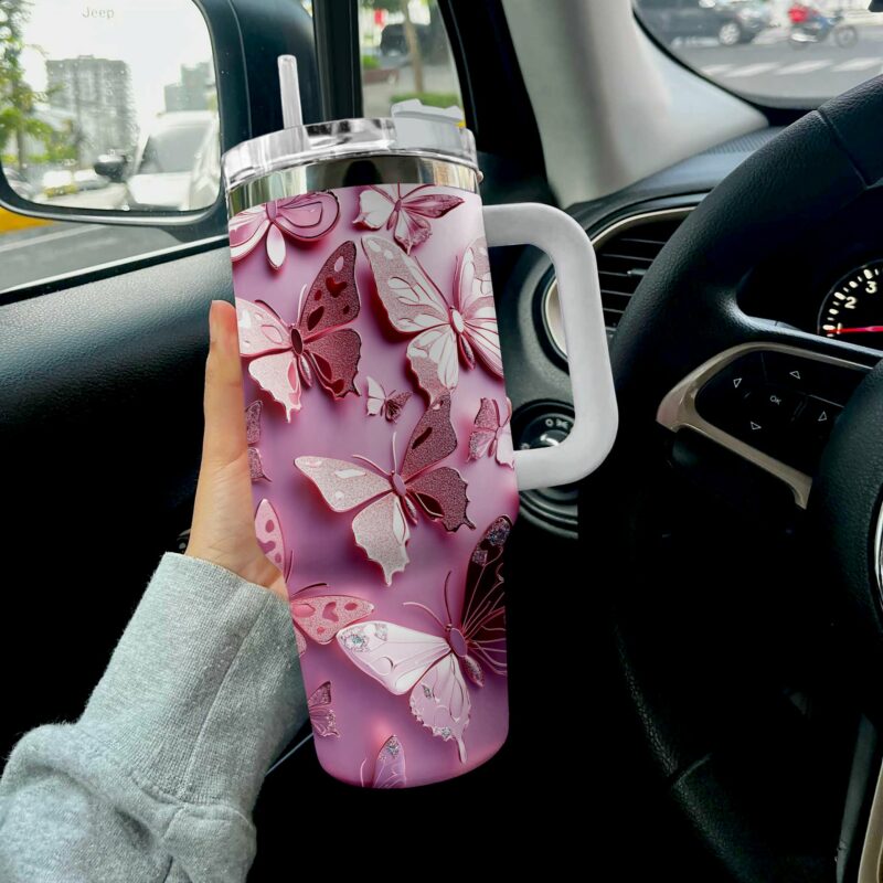 Floating Butterfly Custom Stanley Quencher 40oz Stainless Steel Tumbler With Handle - Threewoofs - Image 3
