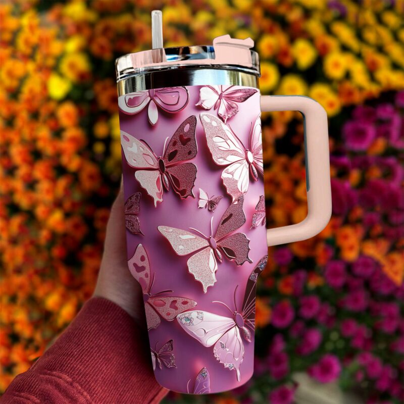 Floating Butterfly Custom Stanley Quencher 40oz Stainless Steel Tumbler With Handle - Threewoofs - Image 2