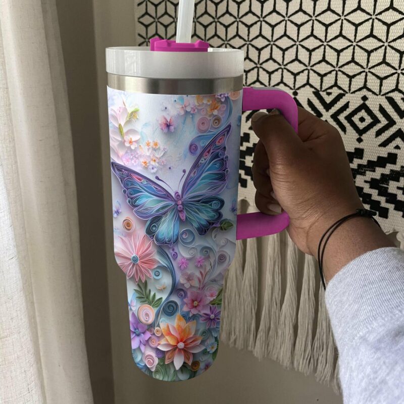 Floral And Butterfly Custom Stanley Quencher 40oz Stainless Steel Tumbler With Handle - Threewoofs - Image 2
