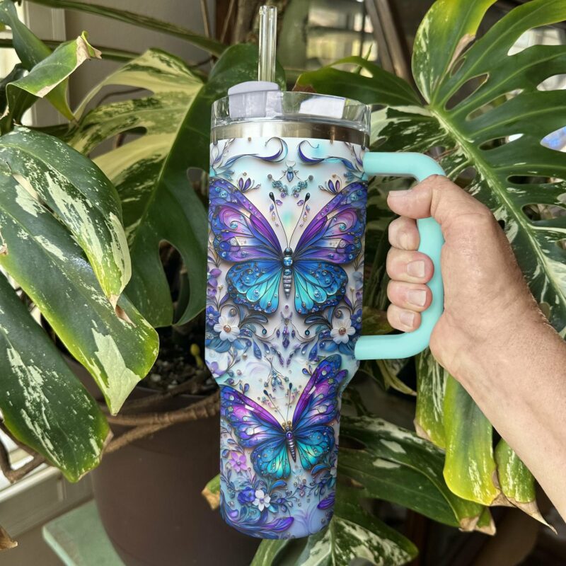 Floral And Butterfly Custom Stanley Quencher 40oz Stainless Steel Tumbler With Handle - Threewoofs - Image 3