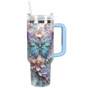 Floral And Butterfly Custom Stanley Quencher 40oz Stainless Steel Tumbler With Handle - Threewoofs
