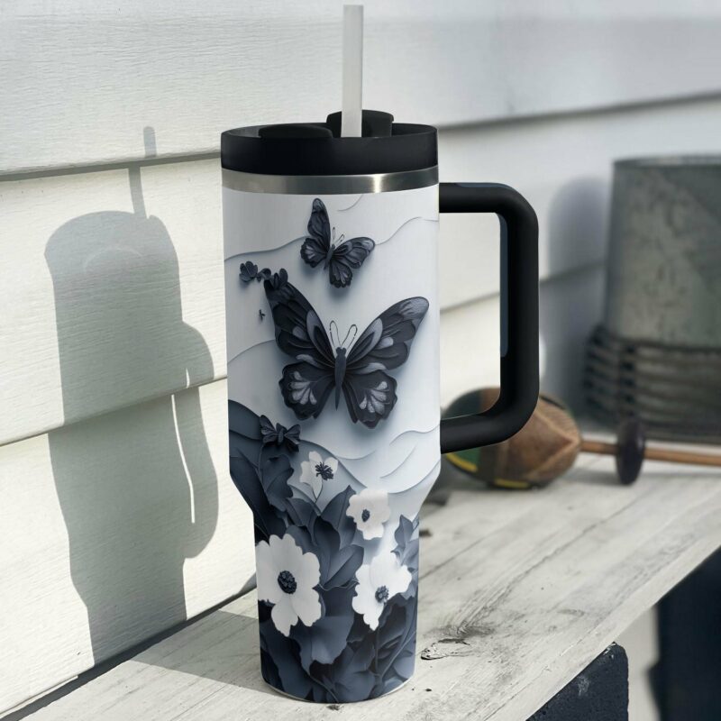 Floral And Butterfly Custom Stanley Quencher 40oz Stainless Steel Tumbler With Handle - Threewoofs - Image 4