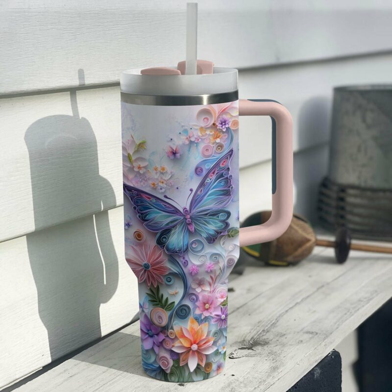 Floral And Butterfly Custom Stanley Quencher 40oz Stainless Steel Tumbler With Handle - Threewoofs - Image 4