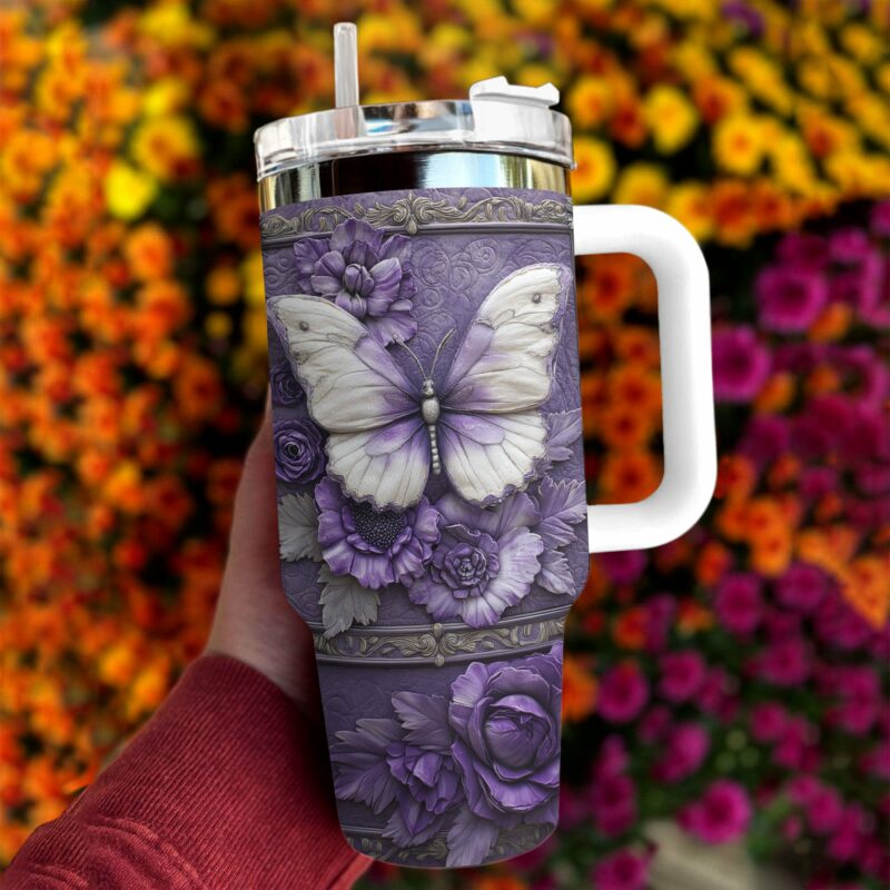 Floral And Butterfly Custom Stanley Quencher 40oz Stainless Steel Tumbler With Handle - Threewoofs - Image 4