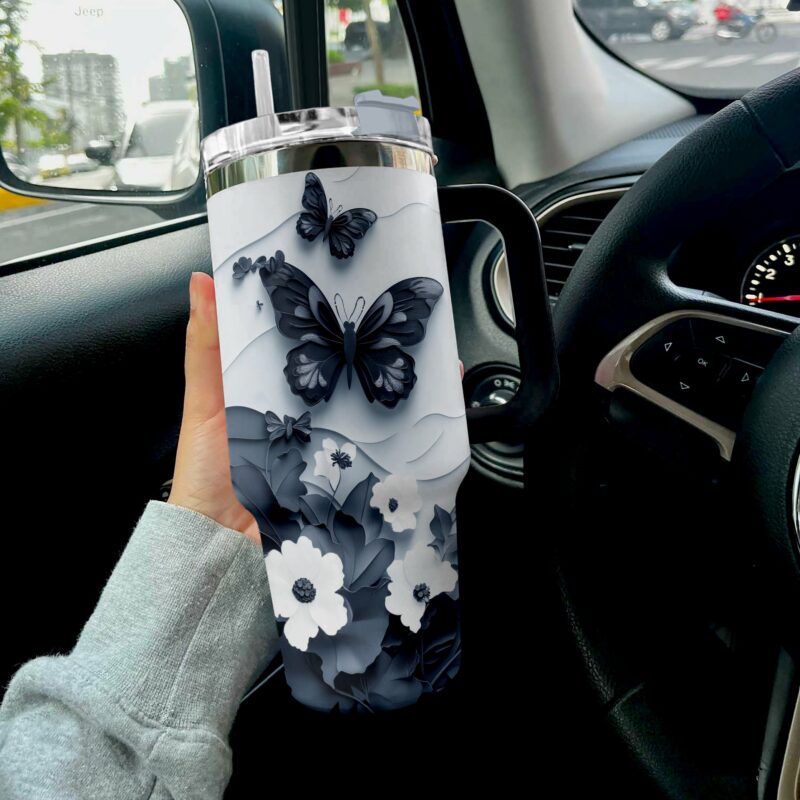 Floral And Butterfly Custom Stanley Quencher 40oz Stainless Steel Tumbler With Handle - Threewoofs - Image 2