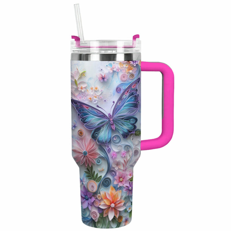 Floral And Butterfly Custom Stanley Quencher 40oz Stainless Steel Tumbler With Handle - Threewoofs