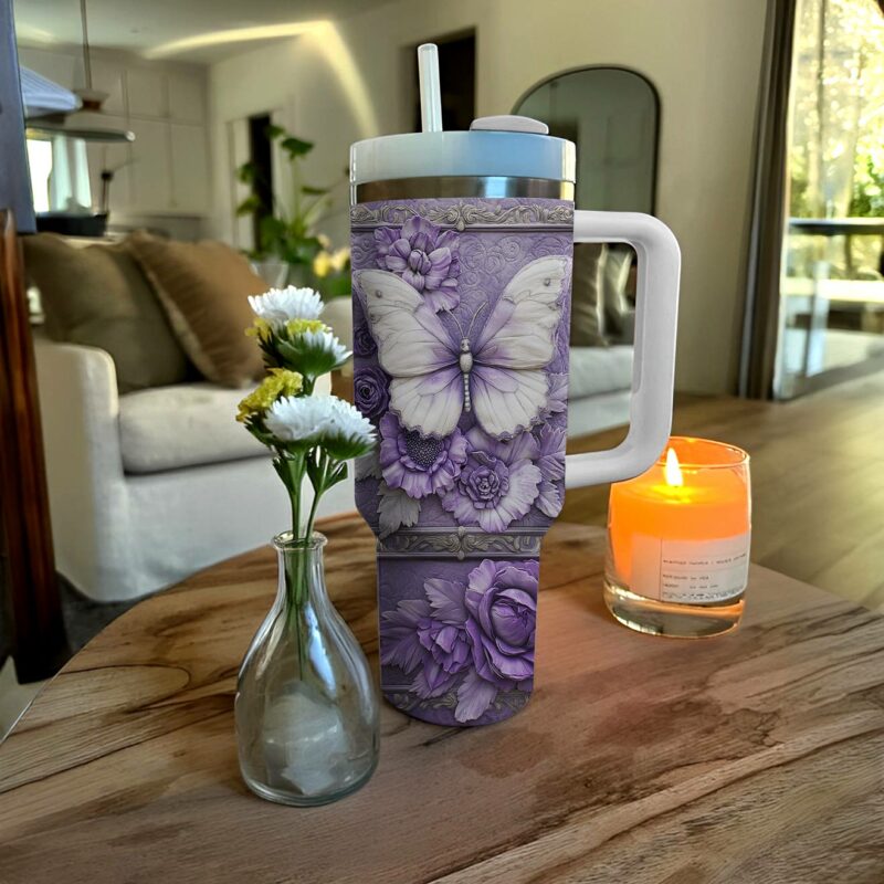 Floral And Butterfly Custom Stanley Quencher 40oz Stainless Steel Tumbler With Handle - Threewoofs - Image 2