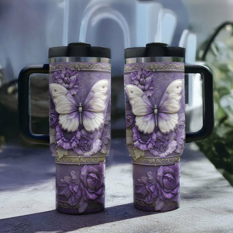 Floral And Butterfly Custom Stanley Quencher 40oz Stainless Steel Tumbler With Handle - Threewoofs - Image 3