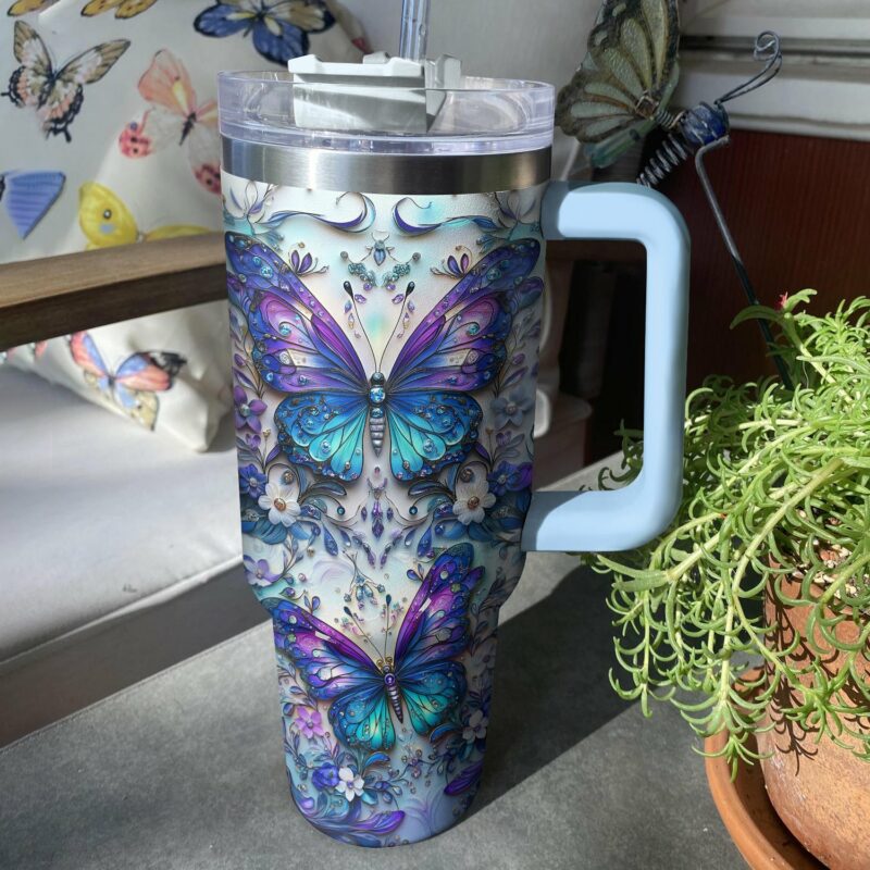 Floral And Butterfly Custom Stanley Quencher 40oz Stainless Steel Tumbler With Handle - Threewoofs - Image 4