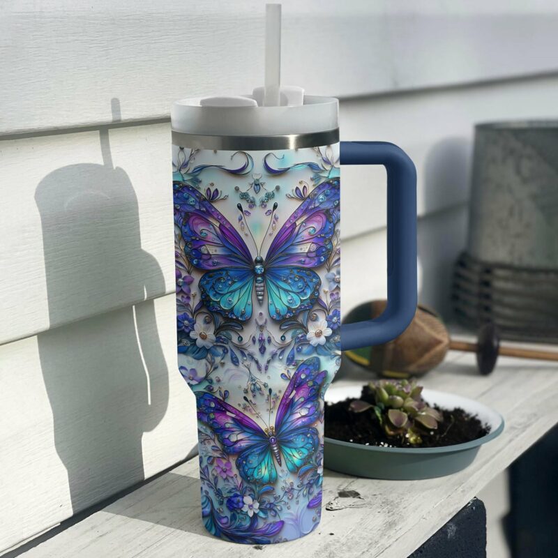 Floral And Butterfly Custom Stanley Quencher 40oz Stainless Steel Tumbler With Handle - Threewoofs - Image 2