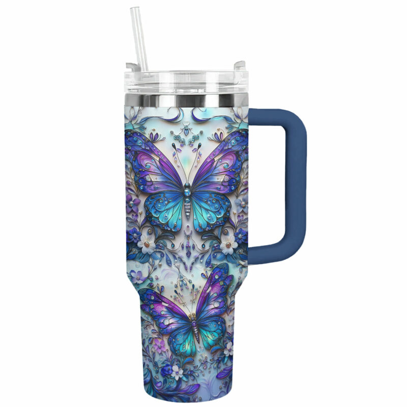 Floral And Butterfly Custom Stanley Quencher 40oz Stainless Steel Tumbler With Handle - Threewoofs