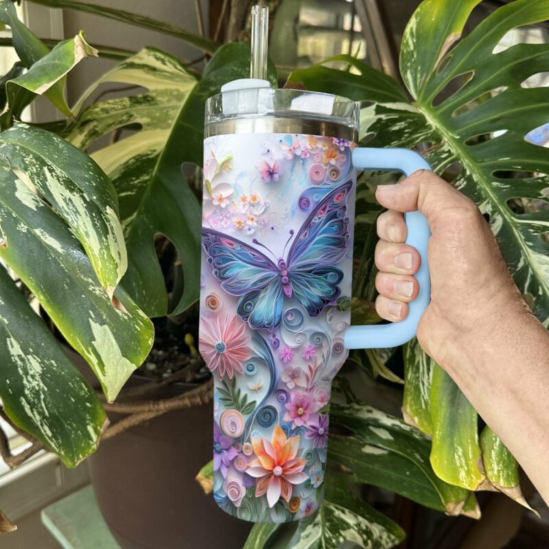Floral And Butterfly Custom Stanley Quencher 40oz Stainless Steel Tumbler With Handle - Threewoofs - Image 3