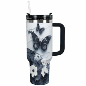 Floral And Butterfly Custom Stanley Quencher 40oz Stainless Steel Tumbler With Handle - Threewoofs