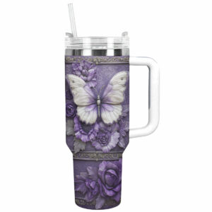 Floral And Butterfly Custom Stanley Quencher 40oz Stainless Steel Tumbler With Handle - Threewoofs