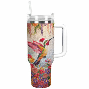 Floral Christmas Hummingbird Custom Stanley Quencher 40oz Stainless Steel Tumbler With Handle - Threewoofs