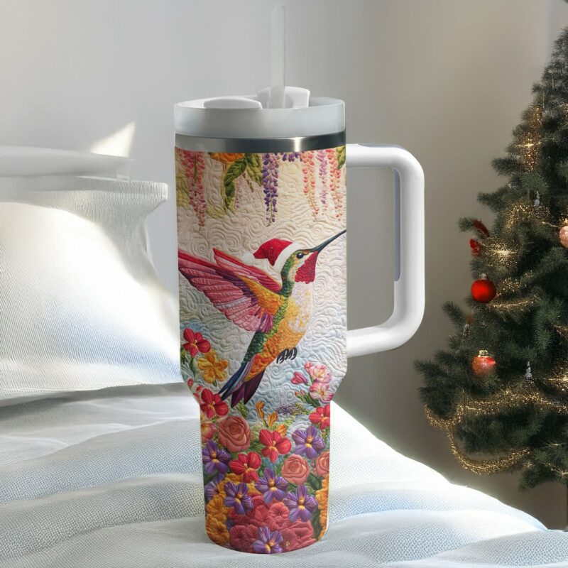 Floral Christmas Hummingbird Custom Stanley Quencher 40oz Stainless Steel Tumbler With Handle - Threewoofs - Image 2