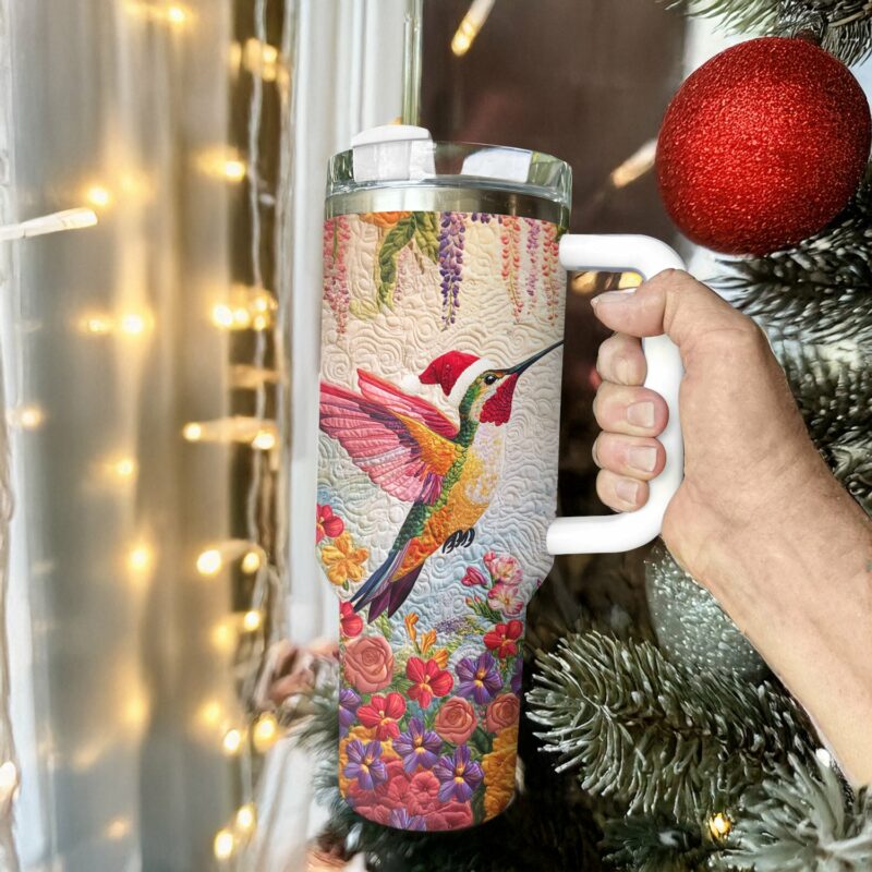 Floral Christmas Hummingbird Custom Stanley Quencher 40oz Stainless Steel Tumbler With Handle - Threewoofs - Image 3
