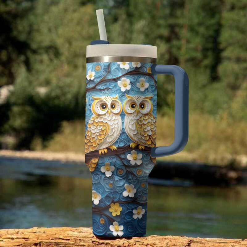 Floral Cute Owl Custom Stanley Quencher 40oz Stainless Steel Tumbler With Handle - Threewoofs - Image 3