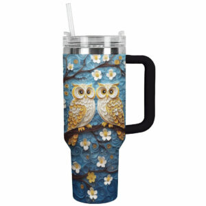 Floral Cute Owl Custom Stanley Quencher 40oz Stainless Steel Tumbler With Handle - Threewoofs