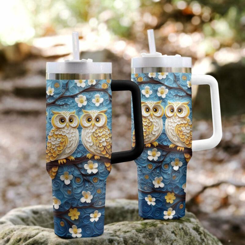 Floral Cute Owl Custom Stanley Quencher 40oz Stainless Steel Tumbler With Handle - Threewoofs - Image 2