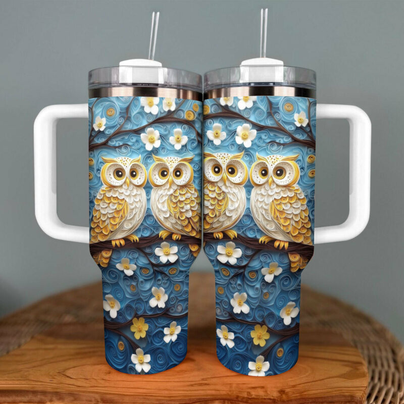 Floral Cute Owl Custom Stanley Quencher 40oz Stainless Steel Tumbler With Handle - Threewoofs - Image 4