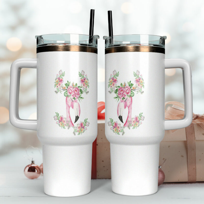 Floral Flamingo Custom Stanley Quencher 40oz Stainless Steel Tumbler With Handle - Threewoofs - Image 4
