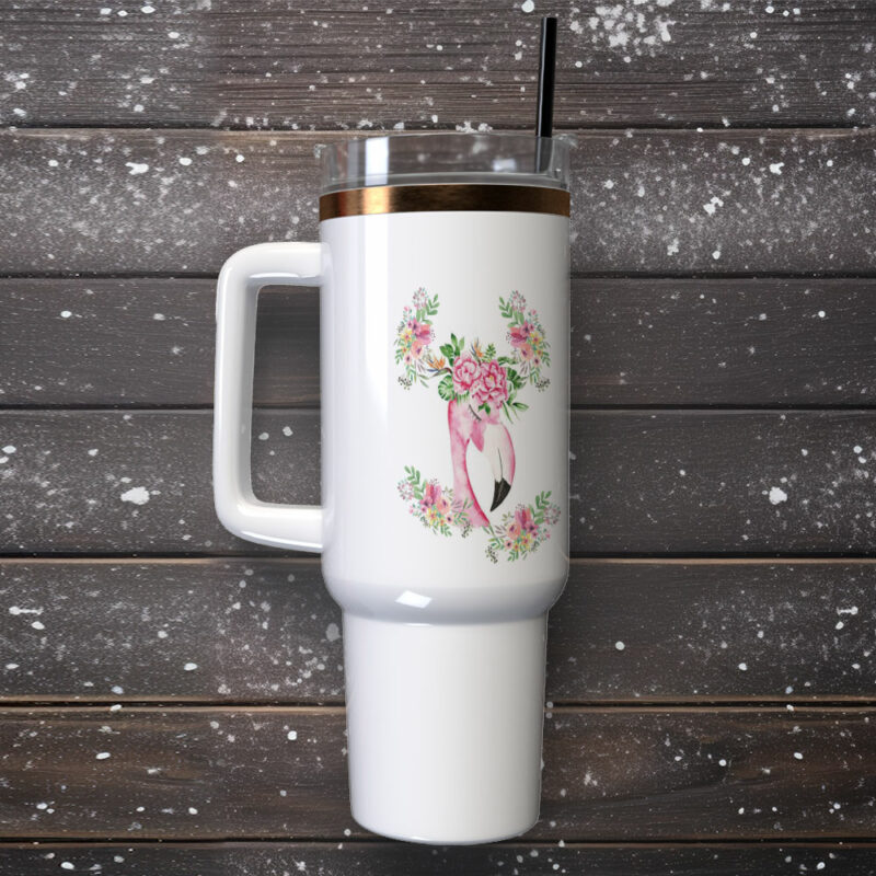 Floral Flamingo Custom Stanley Quencher 40oz Stainless Steel Tumbler With Handle - Threewoofs - Image 2