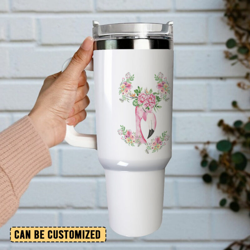 Floral Flamingo Custom Stanley Quencher 40oz Stainless Steel Tumbler With Handle - Threewoofs - Image 3