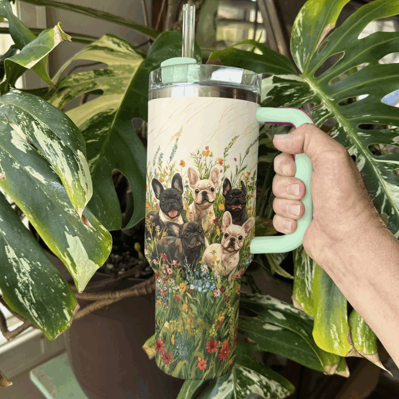 Floral Frenchie Bulldog Adventure Custom Stanley Quencher 40oz Stainless Steel Tumbler With Handle - Threewoofs - Image 4