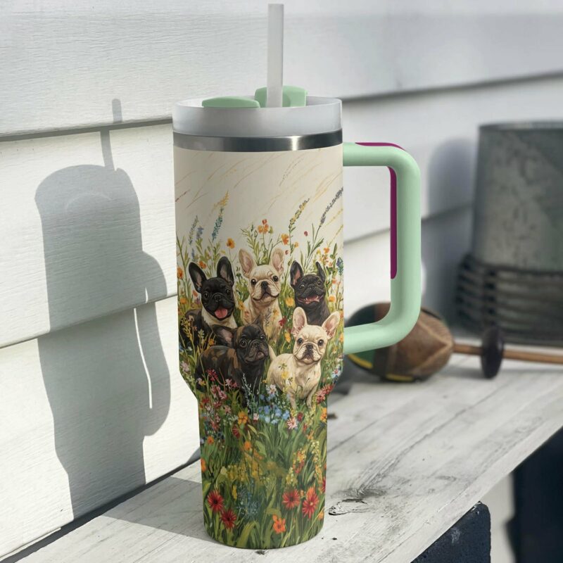 Floral Frenchie Bulldog Adventure Custom Stanley Quencher 40oz Stainless Steel Tumbler With Handle - Threewoofs - Image 3