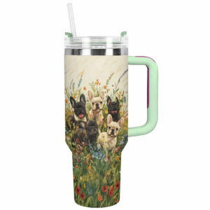 Floral Frenchie Bulldog Adventure Custom Stanley Quencher 40oz Stainless Steel Tumbler With Handle - Threewoofs