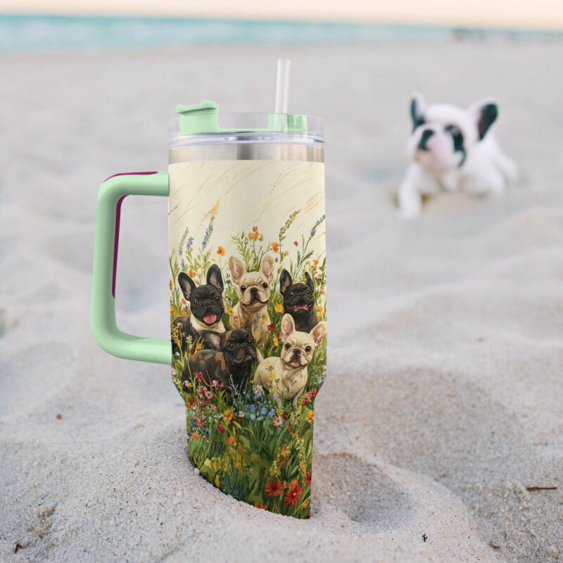 Floral Frenchie Bulldog Adventure Custom Stanley Quencher 40oz Stainless Steel Tumbler With Handle - Threewoofs - Image 2