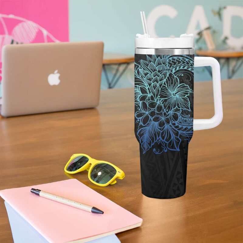 Floral Polynesian Hibiscus Tattoo Blue Gradient Custom Stanley Quencher 40oz Stainless Steel Tumbler With Handle - Threewoofs - Image 5