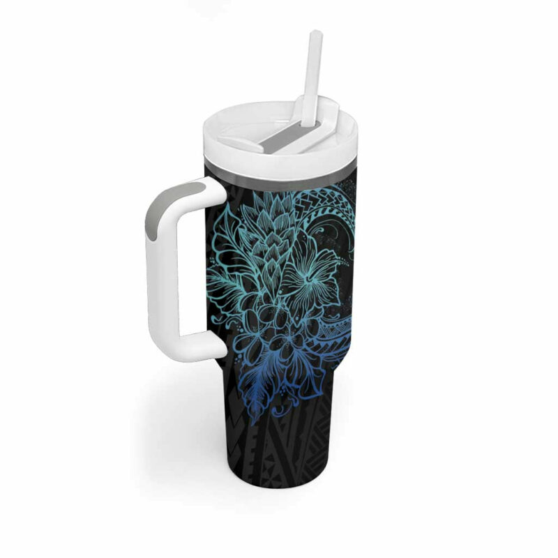 Floral Polynesian Hibiscus Tattoo Blue Gradient Custom Stanley Quencher 40oz Stainless Steel Tumbler With Handle - Threewoofs - Image 2