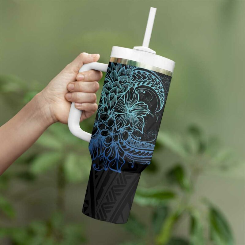 Floral Polynesian Hibiscus Tattoo Blue Gradient Custom Stanley Quencher 40oz Stainless Steel Tumbler With Handle - Threewoofs - Image 3