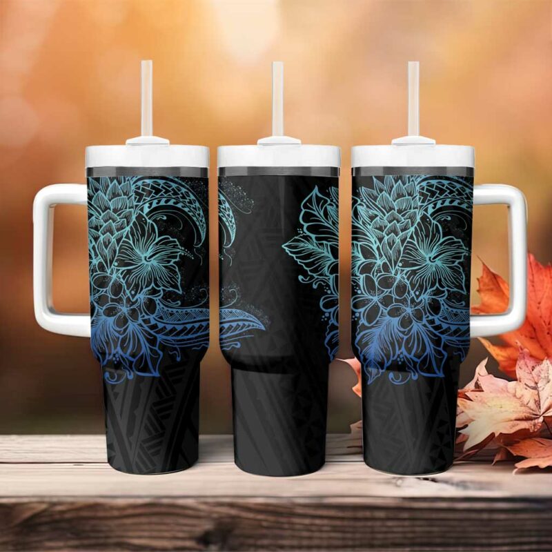 Floral Polynesian Hibiscus Tattoo Blue Gradient Custom Stanley Quencher 40oz Stainless Steel Tumbler With Handle - Threewoofs - Image 4