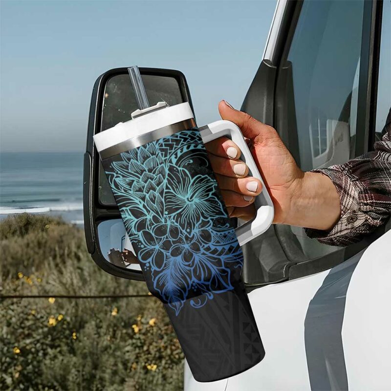 Floral Polynesian Hibiscus Tattoo Blue Gradient Custom Stanley Quencher 40oz Stainless Steel Tumbler With Handle - Threewoofs - Image 7