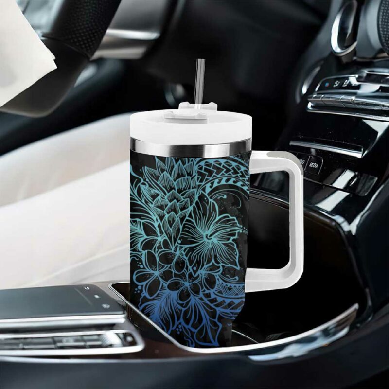 Floral Polynesian Hibiscus Tattoo Blue Gradient Custom Stanley Quencher 40oz Stainless Steel Tumbler With Handle - Threewoofs - Image 8