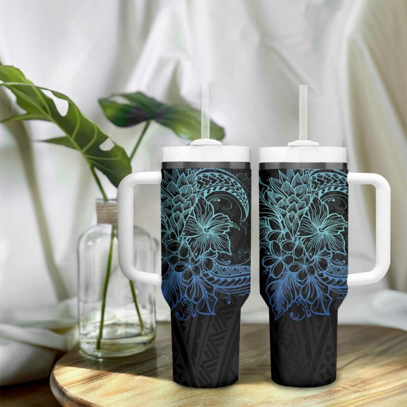 Floral Polynesian Hibiscus Tattoo Blue Gradient Custom Stanley Quencher 40oz Stainless Steel Tumbler With Handle - Threewoofs - Image 9