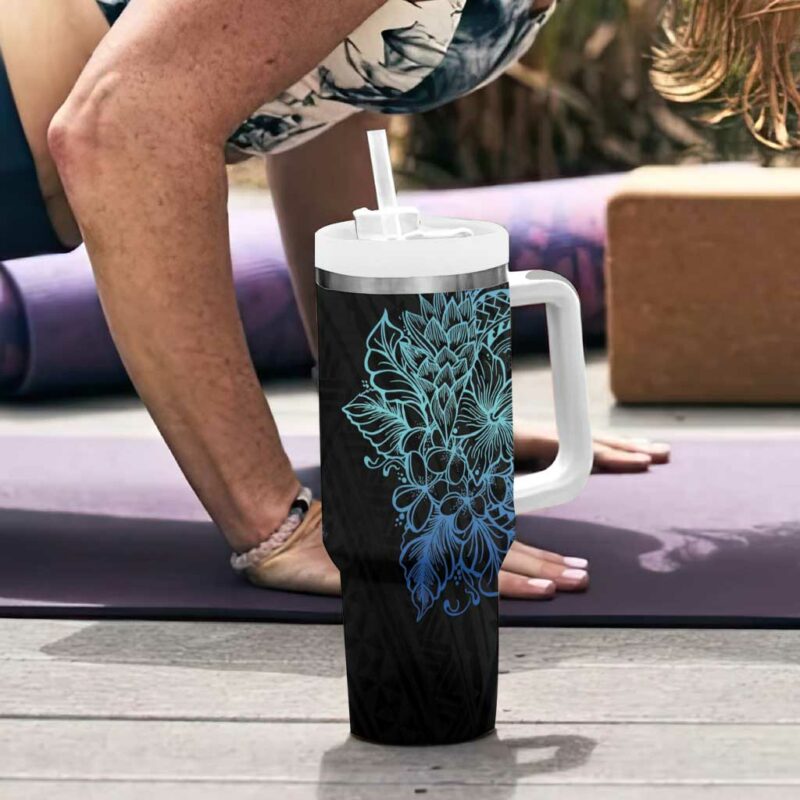 Floral Polynesian Hibiscus Tattoo Blue Gradient Custom Stanley Quencher 40oz Stainless Steel Tumbler With Handle - Threewoofs - Image 6
