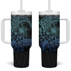 Floral Polynesian Hibiscus Tattoo Blue Gradient Custom Stanley Quencher 40oz Stainless Steel Tumbler With Handle - Threewoofs
