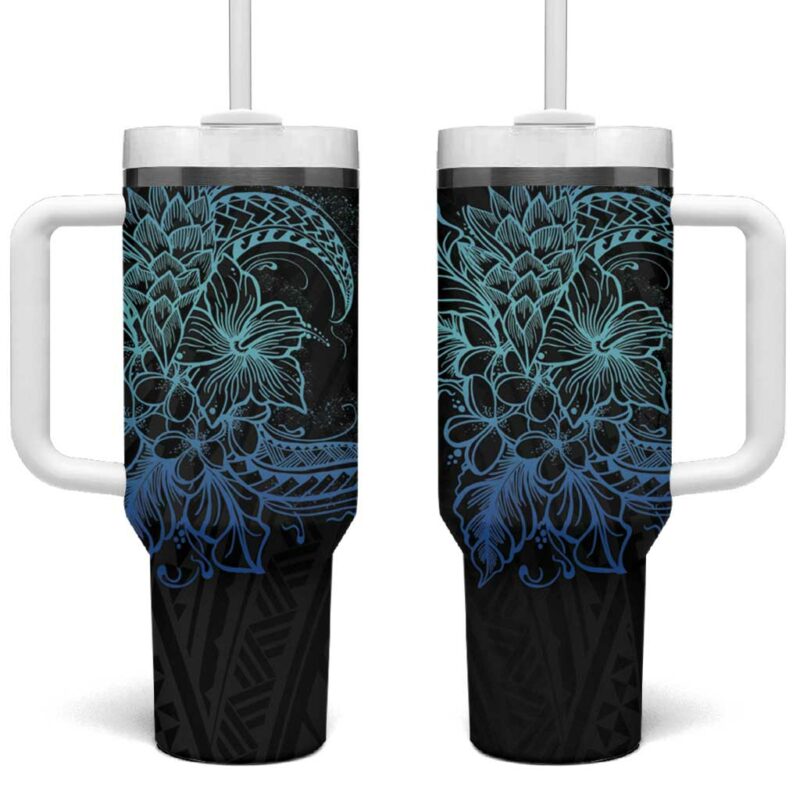 Floral Polynesian Hibiscus Tattoo Blue Gradient Custom Stanley Quencher 40oz Stainless Steel Tumbler With Handle - Threewoofs