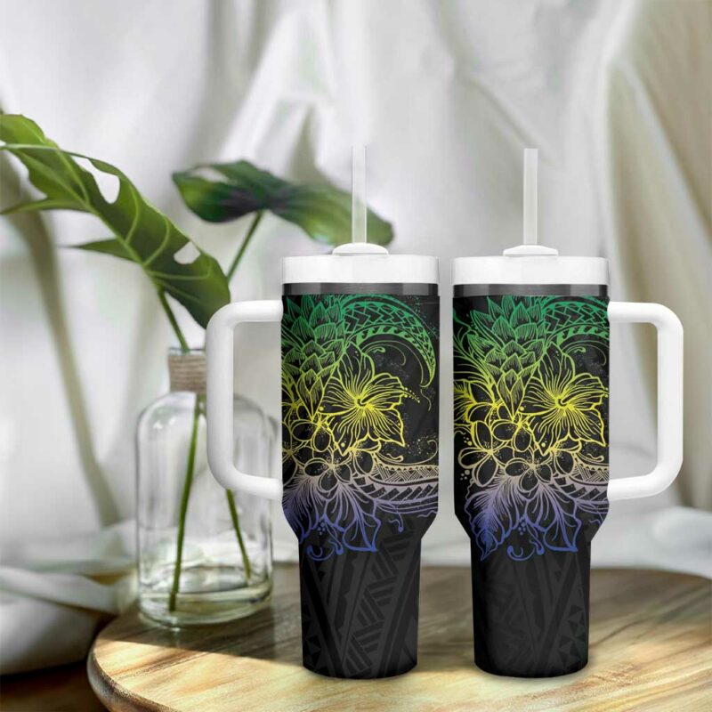Floral Polynesian Hibiscus Tattoo Green Gradient Custom Stanley Quencher 40oz Stainless Steel Tumbler With Handle - Threewoofs - Image 9