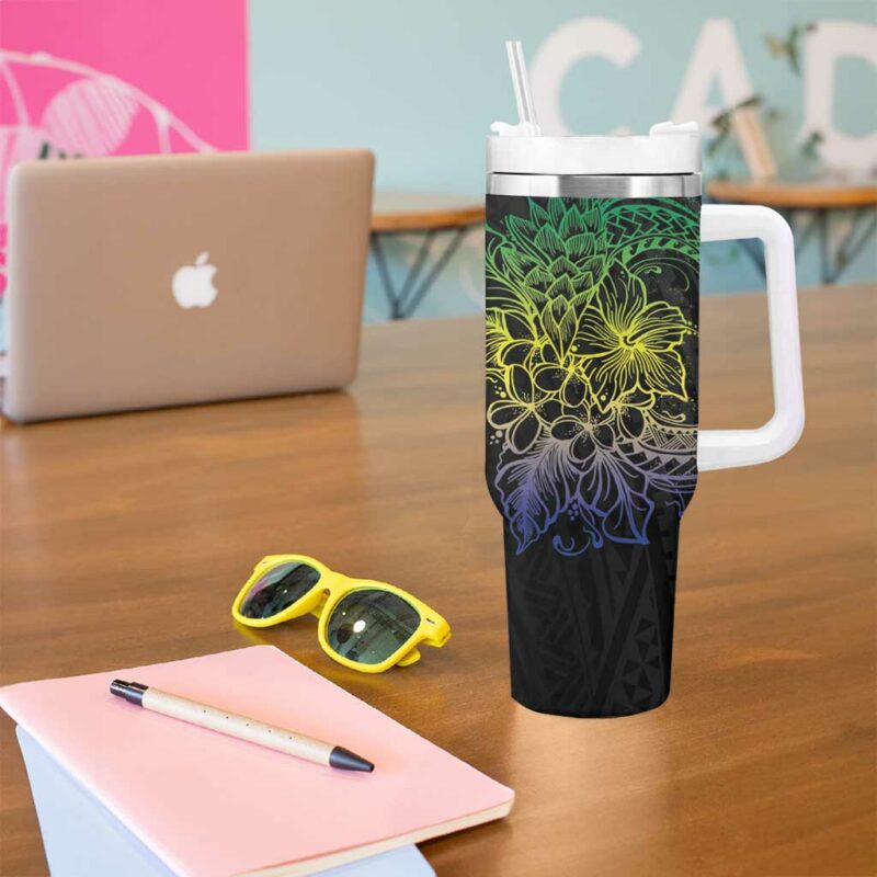 Floral Polynesian Hibiscus Tattoo Green Gradient Custom Stanley Quencher 40oz Stainless Steel Tumbler With Handle - Threewoofs - Image 5