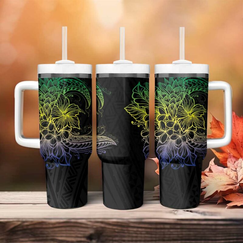 Floral Polynesian Hibiscus Tattoo Green Gradient Custom Stanley Quencher 40oz Stainless Steel Tumbler With Handle - Threewoofs - Image 4