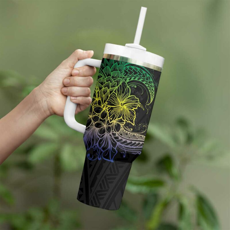 Floral Polynesian Hibiscus Tattoo Green Gradient Custom Stanley Quencher 40oz Stainless Steel Tumbler With Handle - Threewoofs - Image 3