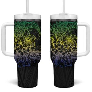 Floral Polynesian Hibiscus Tattoo Green Gradient Custom Stanley Quencher 40oz Stainless Steel Tumbler With Handle - Threewoofs