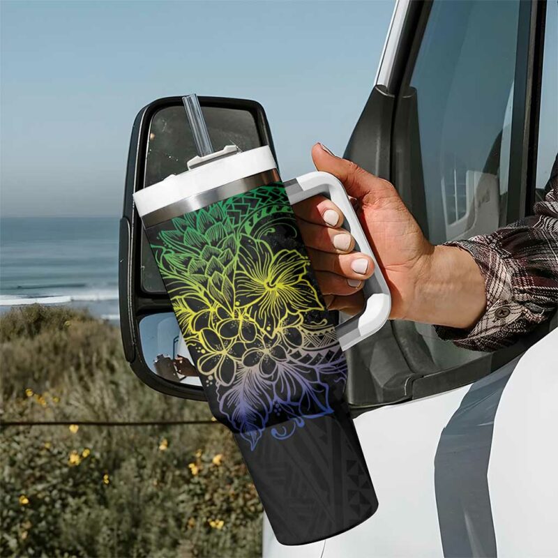 Floral Polynesian Hibiscus Tattoo Green Gradient Custom Stanley Quencher 40oz Stainless Steel Tumbler With Handle - Threewoofs - Image 7