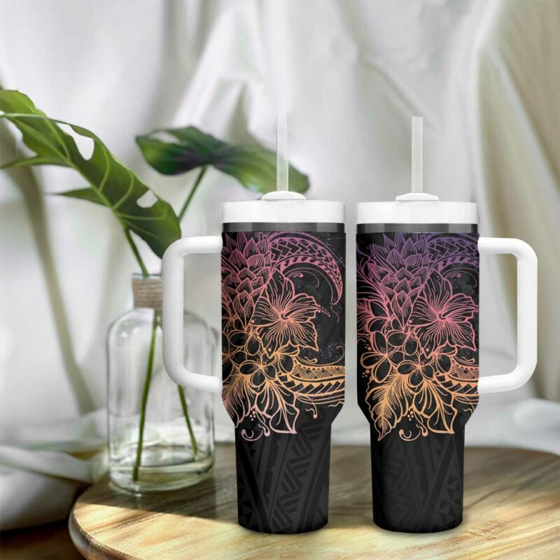 Floral Polynesian Hibiscus Tattoo Peach Gradient Custom Stanley Quencher 40oz Stainless Steel Tumbler With Handle - Threewoofs - Image 9