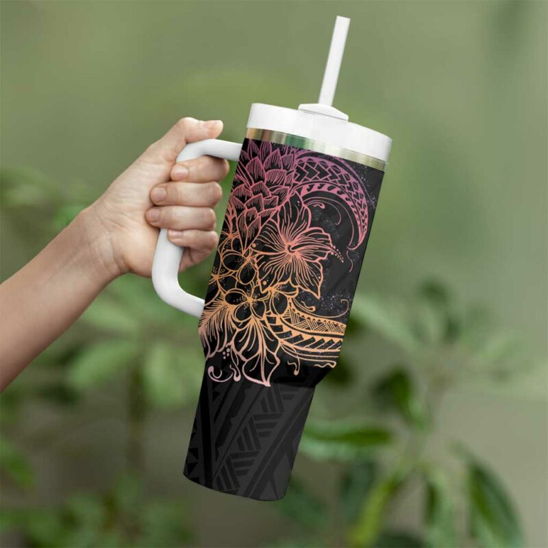 Floral Polynesian Hibiscus Tattoo Peach Gradient Custom Stanley Quencher 40oz Stainless Steel Tumbler With Handle - Threewoofs - Image 3